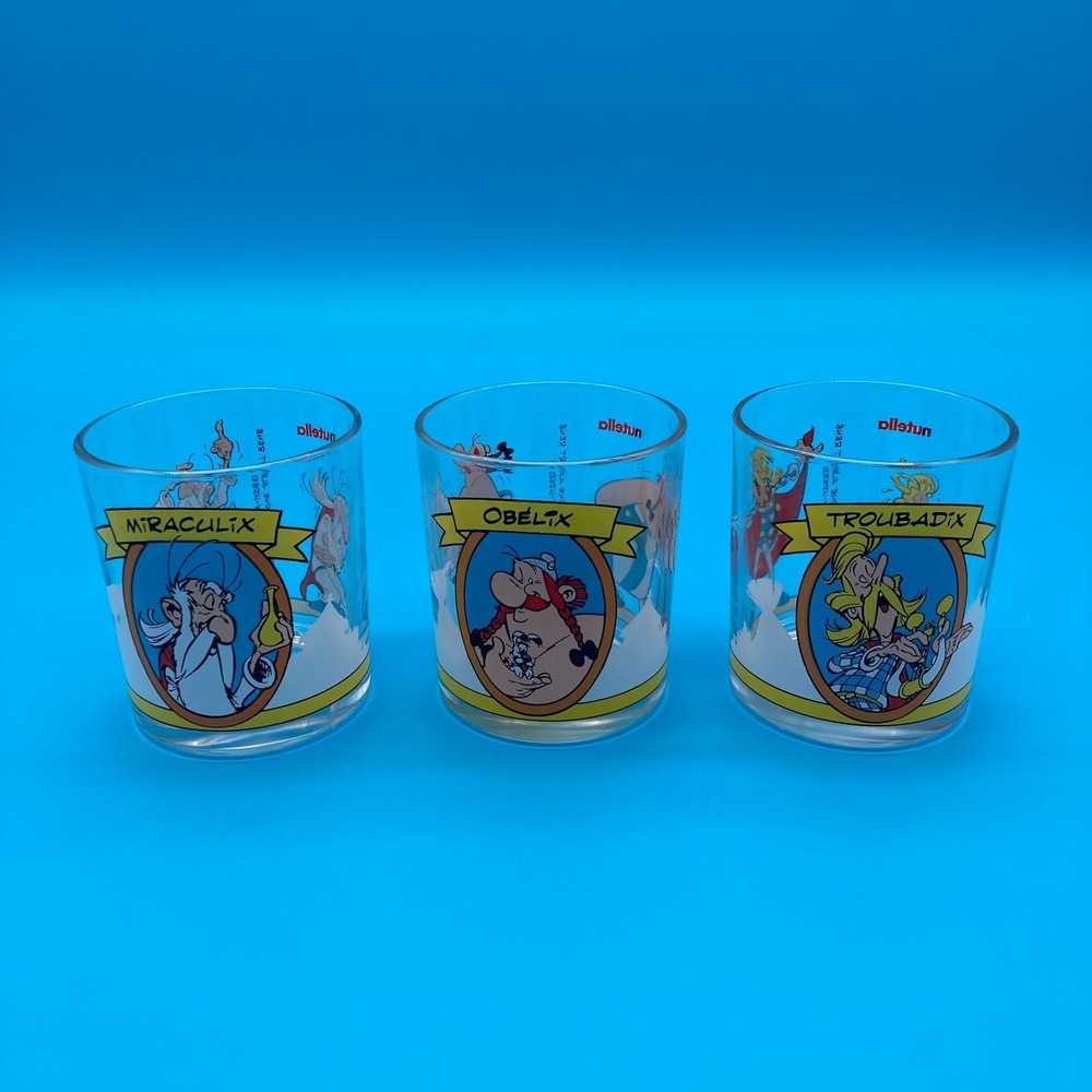Vintage 2001 Nutella Asterix & Obelix Glass Set - Miraculix Obelix Troubadix